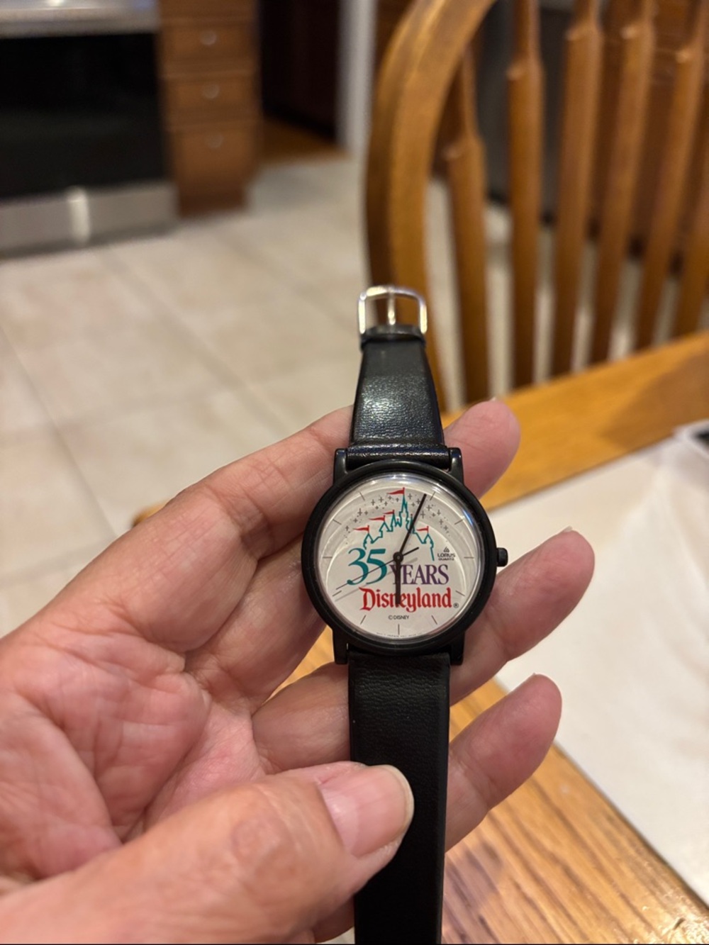 Disney Black Strap Watch with White Dial and Teal/Red Anniversary Graphics